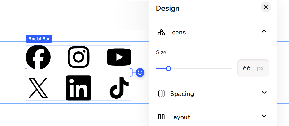 שינוי גודל האייקונים בסרגל הרשתות החברתיות בחלונית Design.