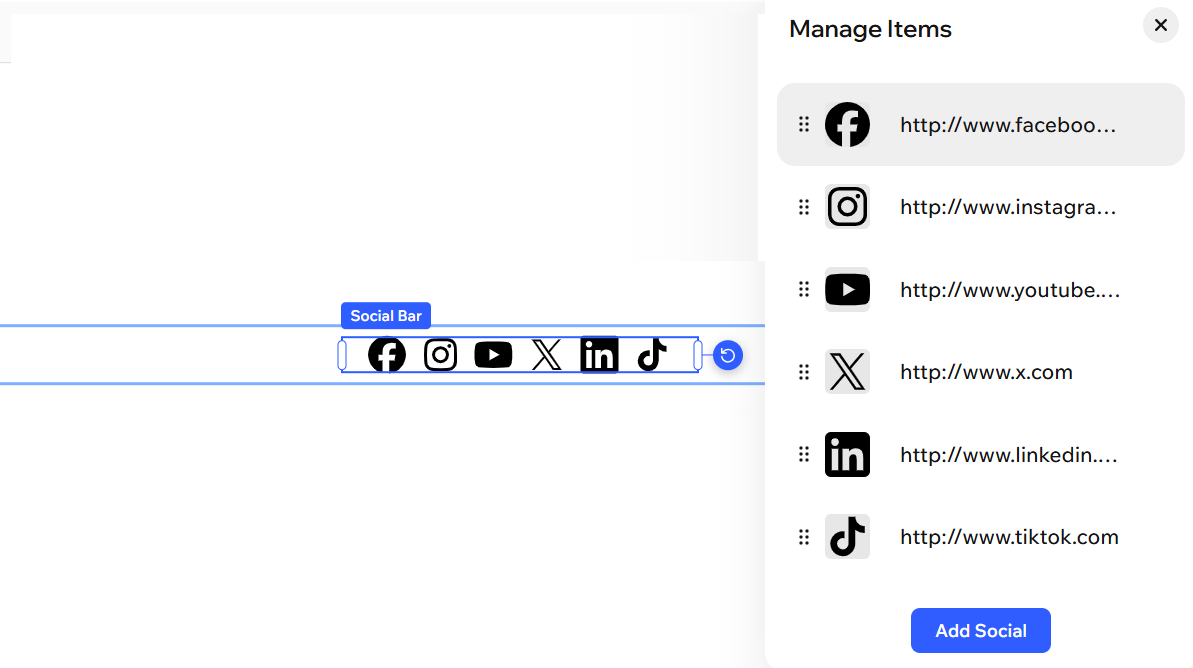 צילום מסך של חלונית ניהול הפריטים שמופיע כשעורכים את סרגל הרשתות החברתיות.