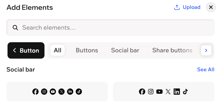 צילום מסך של סרגלי הרשתות החברתיות בחלונית Add Elements.