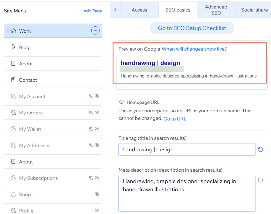 Screenshot del pannello SEO base con la sezione Anteprima su Google in evidenza