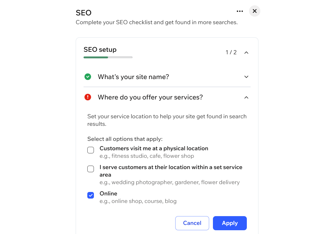 A screenshot of the SEO panel when setting up your business information.