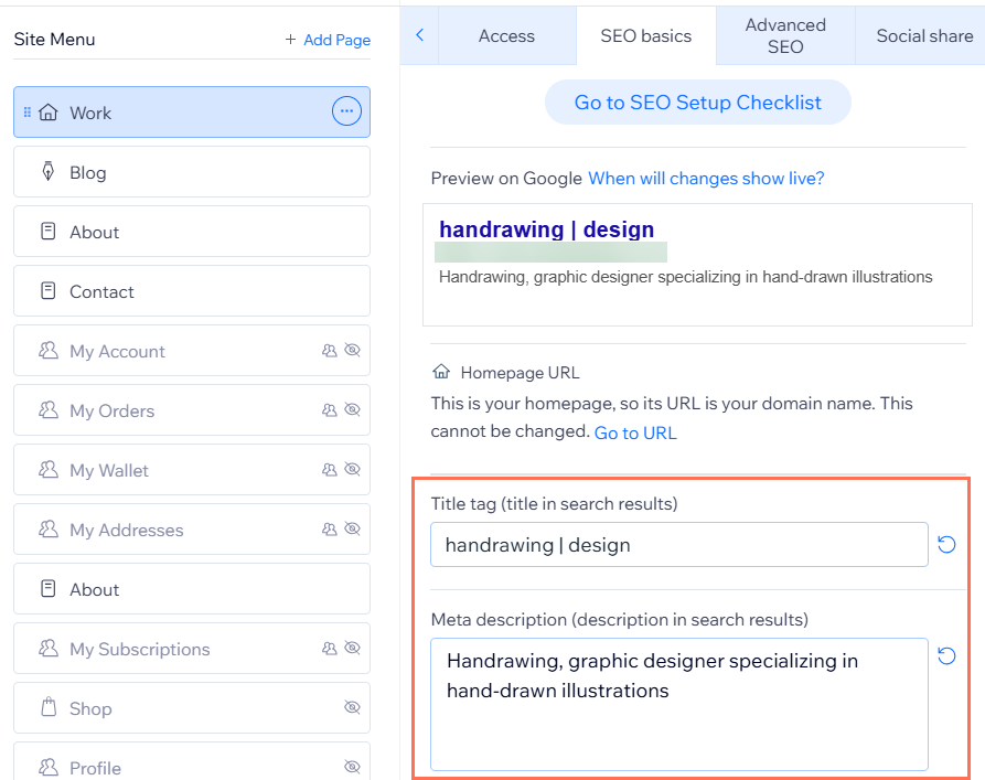A screenshot of the SEO basics tab with the title tag and meta description text fields highlighted.