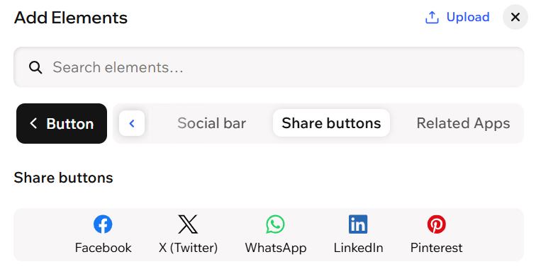 A screenshot of the share buttons available in the Add Elements panel.