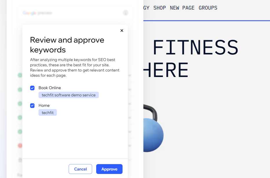 A screenshot of suggested keywords when optimizing your site's SEO with AI.