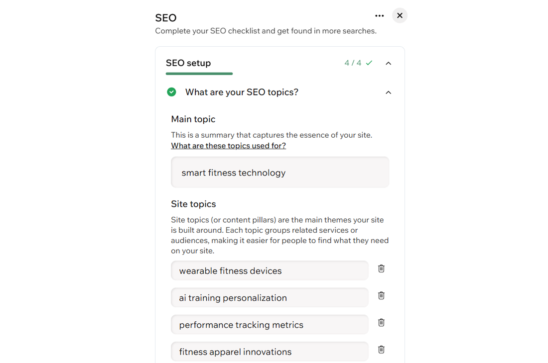 A screenshot of the SEO Tasks panel showing the SEO Topics task.