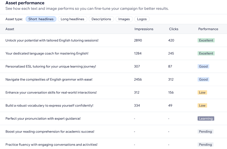 A screenshot of the asset performance section of the Google Ads with Wix PMAX Leads campaign dashboard.