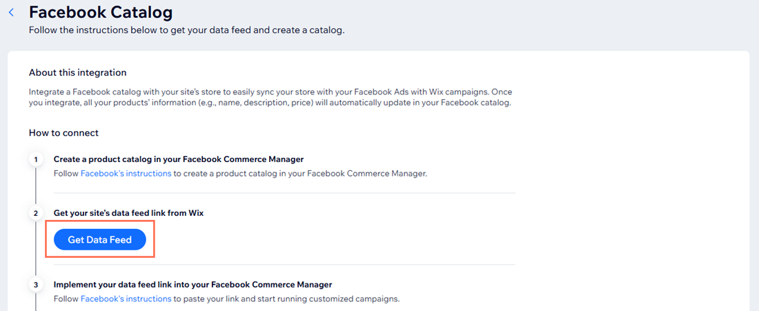 צילום מסך של עמוד קטלוג פייסבוק בדאשבורד Marketing Integrations, עם Get Data Feed מסומן