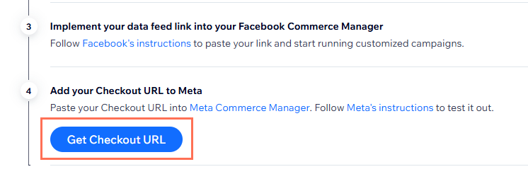 צילום מסך של עמוד קטלוג פייסבוק בדאשבורד Marketing Integrations, עם Get Checkout URL מסומן.