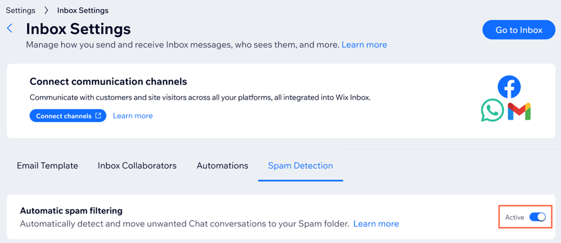 Uma captura de tela da aba Detecção de spam com a alavanca Filtro automático de spam destacada.