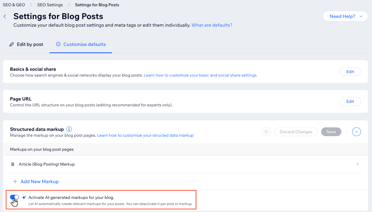 A screenshot of the SEO Settings page for Blog posts with the Activate AI-generated markups toggle highlighted.