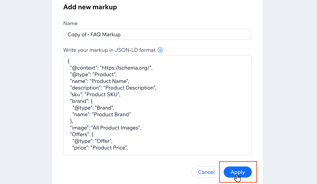 A screenshot of the Add new markup window with the cursor hovering over the Apply button.