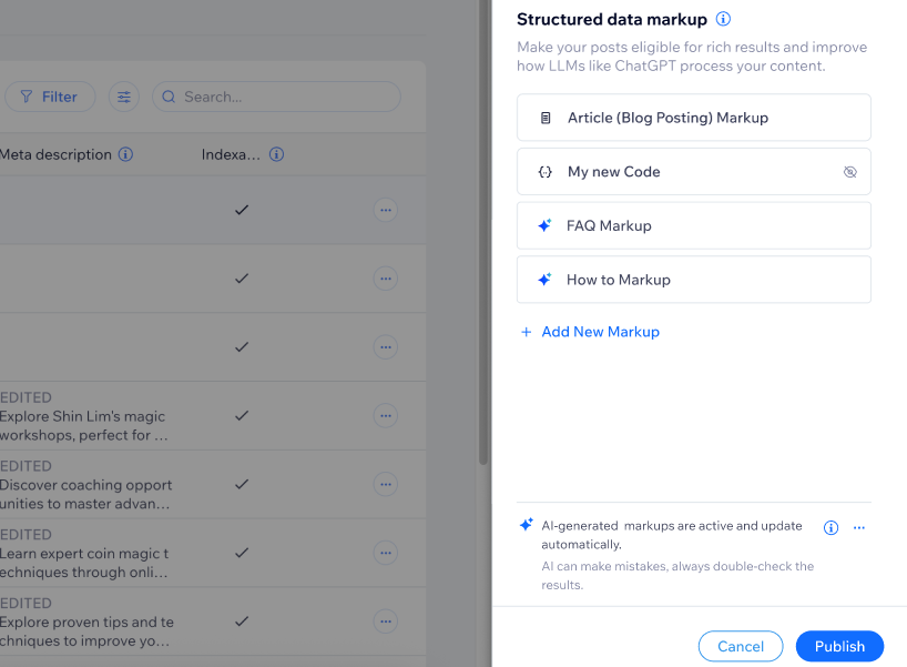 A screenshot of the Structured data markup menu in the Advanced tab of SEO Settings for blog posts.