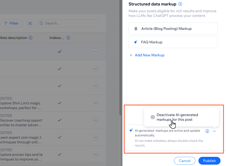 A screenshot of the cursor hovering over the Deactivate markups for this post button.