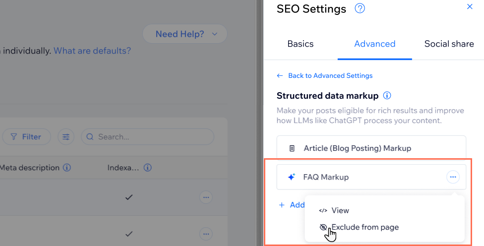 A screenshot of the cursor hovering over the Exclude from page button on an AI-generated markup for a blog post.
