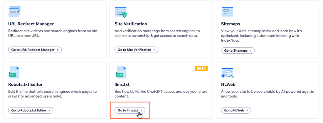 Ein Screenshot der Optionen für Tools und Einstellungen in der SEO-Verwaltung, wobei „Öffne den Bereich llms.txt“ hervorgehoben ist.
