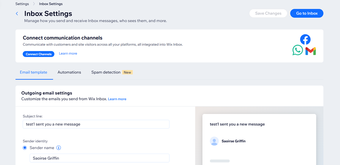 Uma captura de tela da página Configurações do Inbox