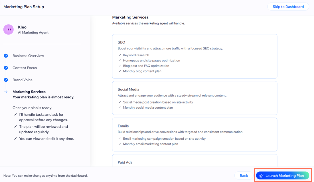Een screenshot van de Marketingplan lanceren-knop in het marketingplan instellen.