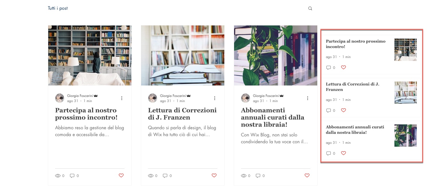 Screenshot che mostra l'elemento Elenco post su una pagina del sito