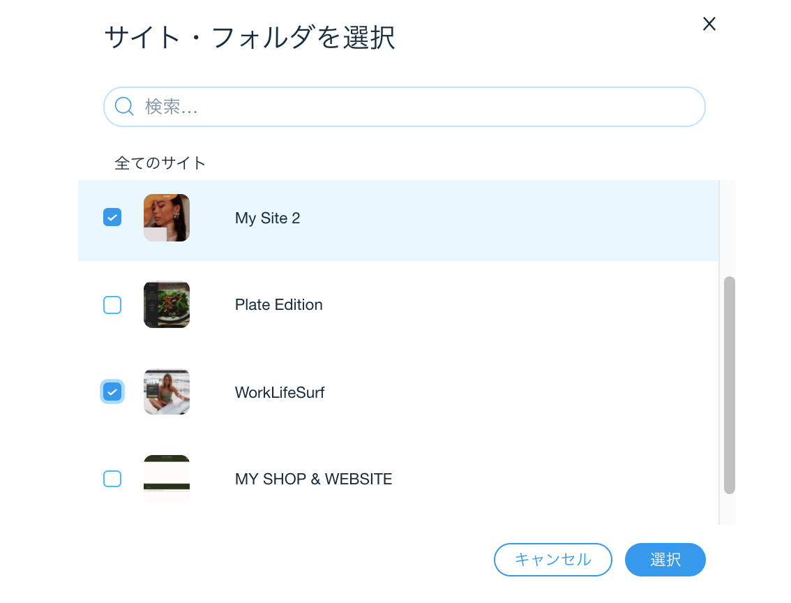 サイトとフォルダが選択された状態で表示されます