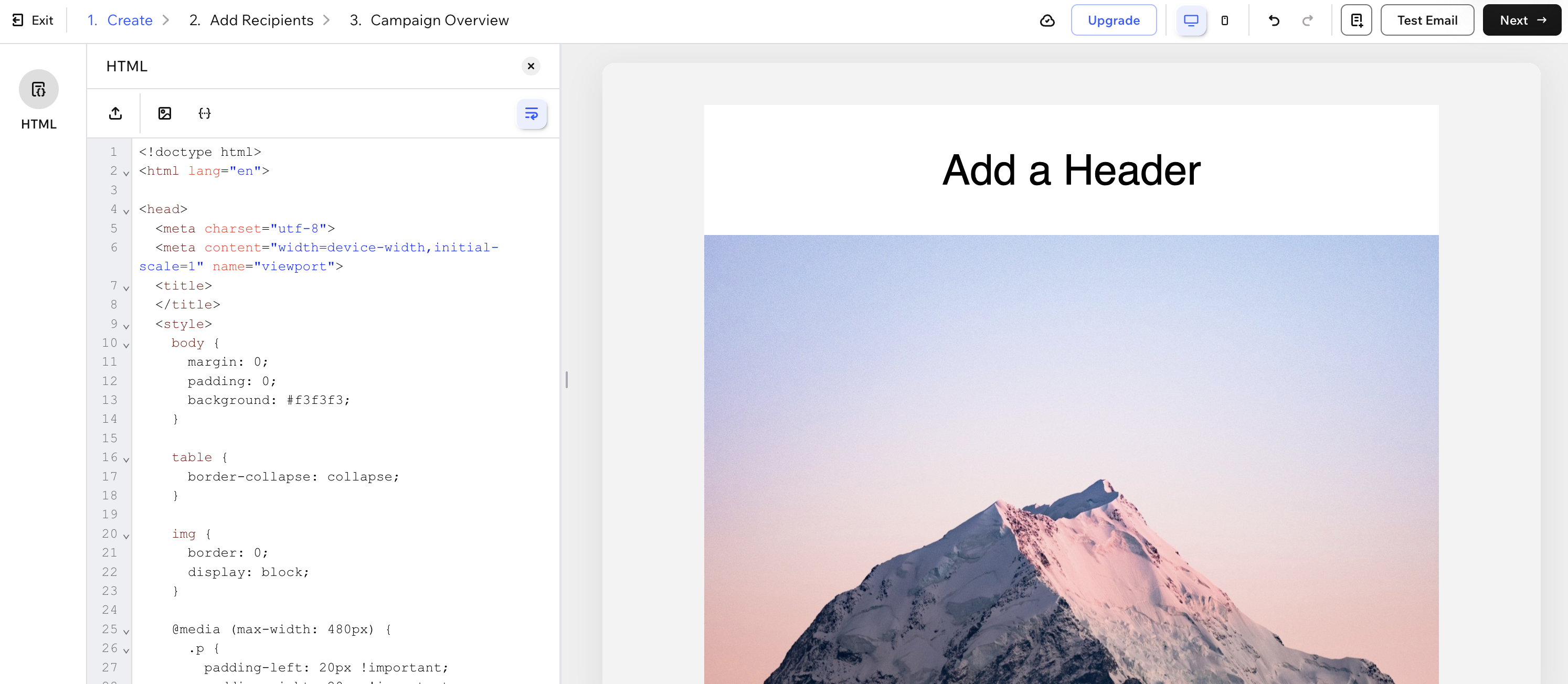 E-posta pazarlama HTML oluşturucusunun ekran görüntüsü