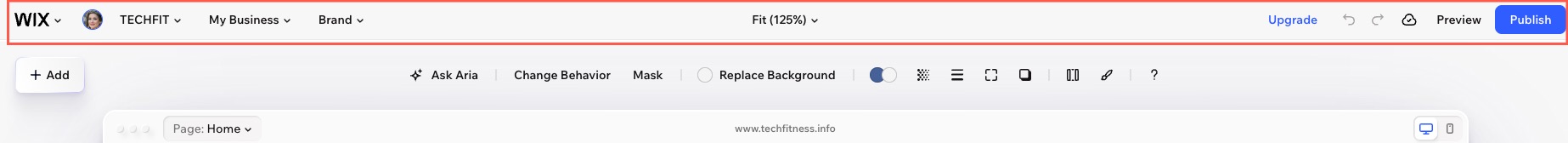 The top bar of the Wix Harmony Editor.