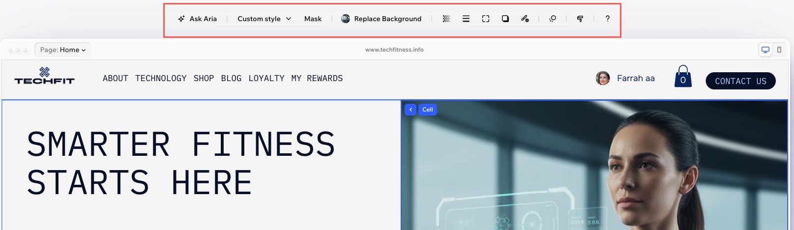 A text element is selected in the Wix Harmony Editor, and the action bar that appears above the page.