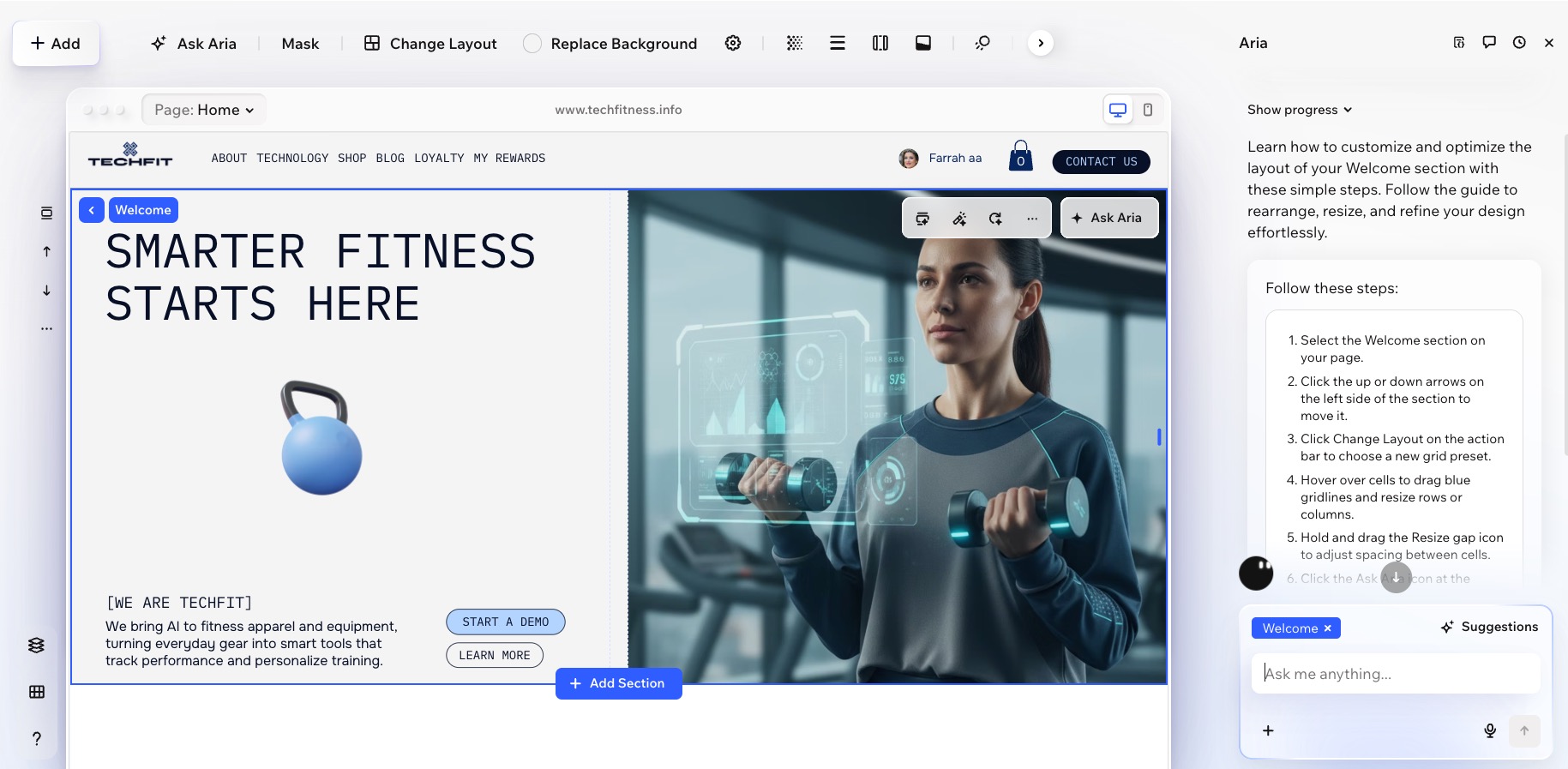 An AI-generated section in the Wix Harmony Editor, showing the design and the chat with Aria