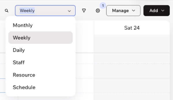 Uma captura de tela mostrando as diferentes visualizações disponíveis no calendário de agendamentos.