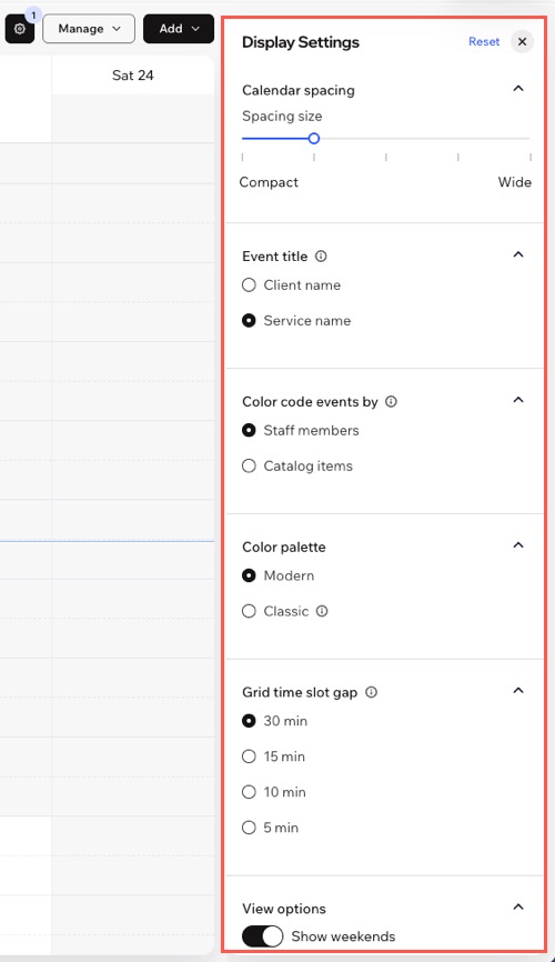 Captura de tela mostrando as configurações de exibição do calendário de agendamentos.