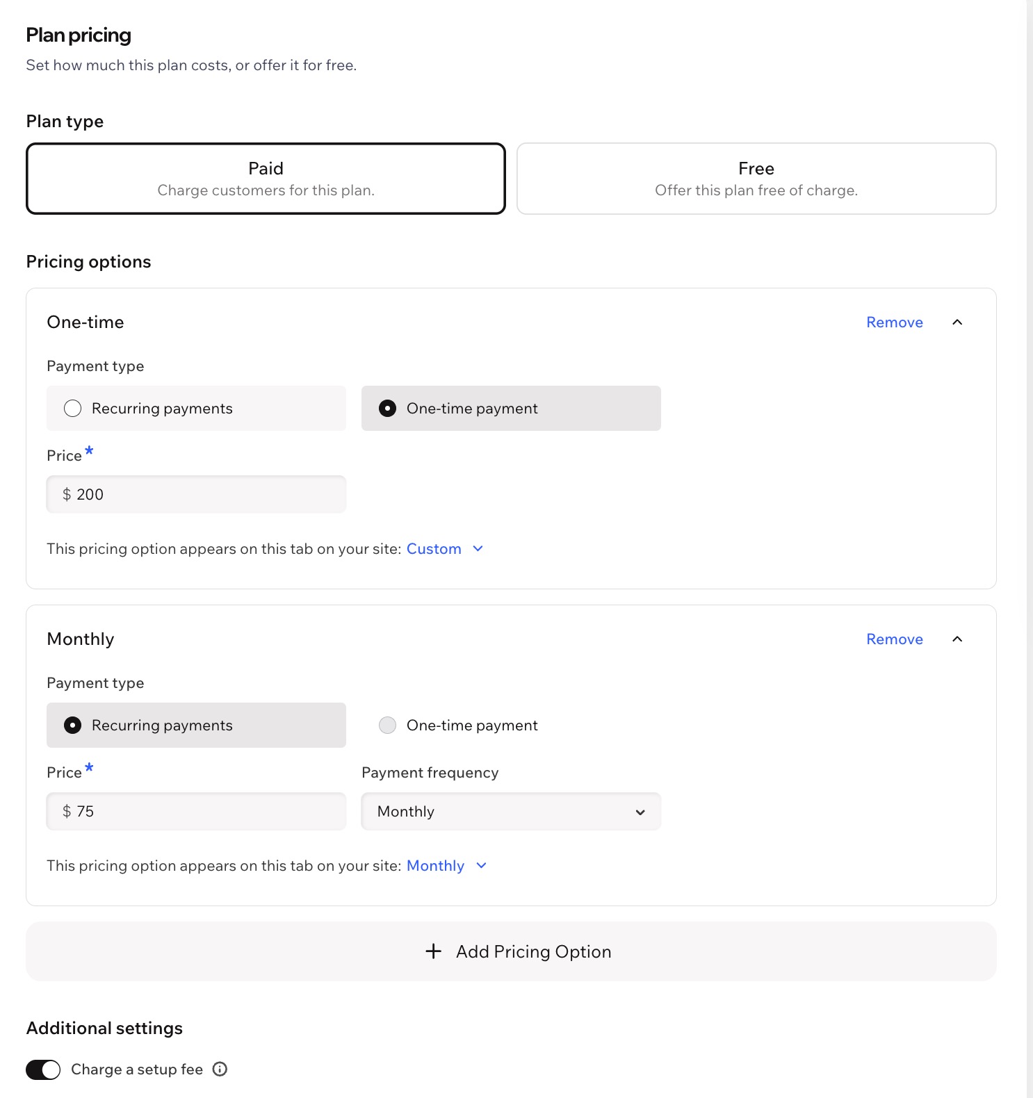 A screenshot of adding a one-time payment with pricing options.
