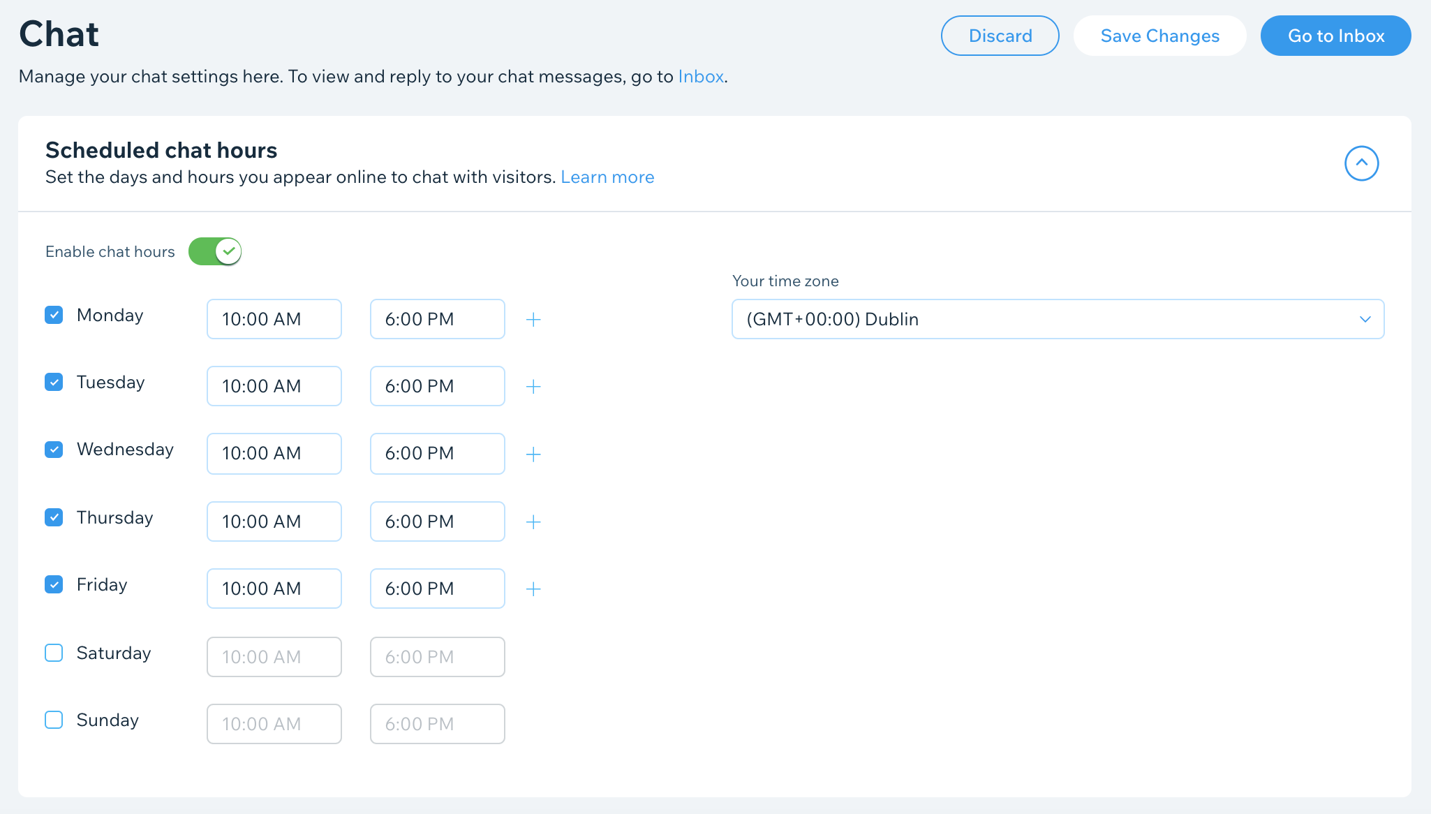 Uno screenshot della sezione degli orari della chat previsti nelle impostazioni della chat.