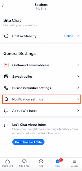 A screenshot of Inbox Settings in the Wix Owner app.