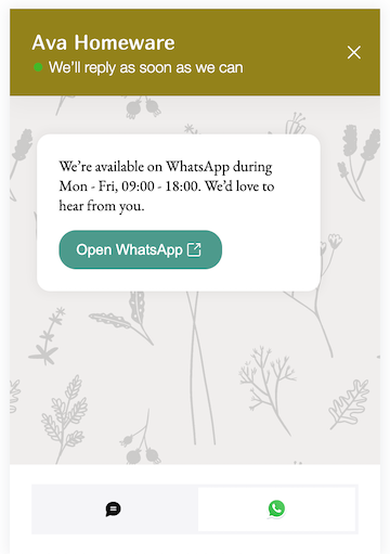 A screenshot of a chatbox with WhatsApp messaging as a chat option.