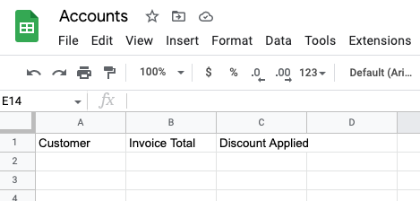 Screenshot of example Google Sheet with column titles added.