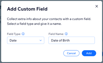 A screenshot of the custom field menu with the text field type selected, and Date of Birth entered as the custom field.