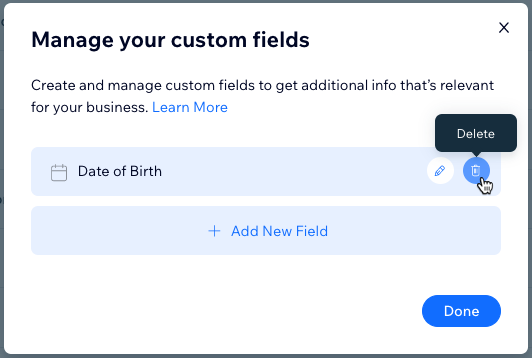 A screenshot of the Manage your custom fields menu, with the mouse hovering over the Delete option on a custom field.