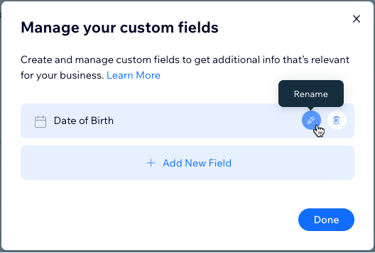 A screenshot of the Manage your custom fields menu, with the mouse hovering over the Rename option on a custom field.