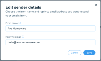 Screenshot of window to edit email sender details.