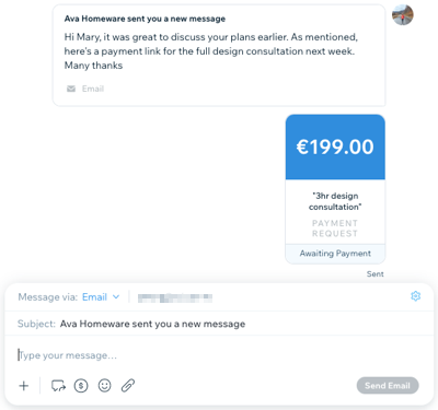 Capture d'écran de la demande de paiement dans le tableau de bord de la boîte de réception Wix.