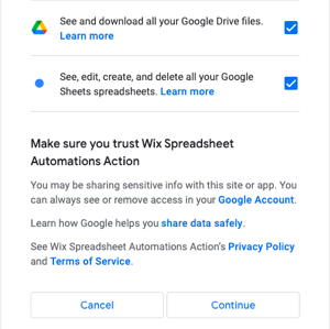 Capture d'écran de la fenêtre pop-up des autorisations Google.