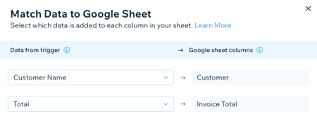 Capture d'écran de la section Automation dans laquelle vous faites correspondre les données à votre feuille de calcul Google.