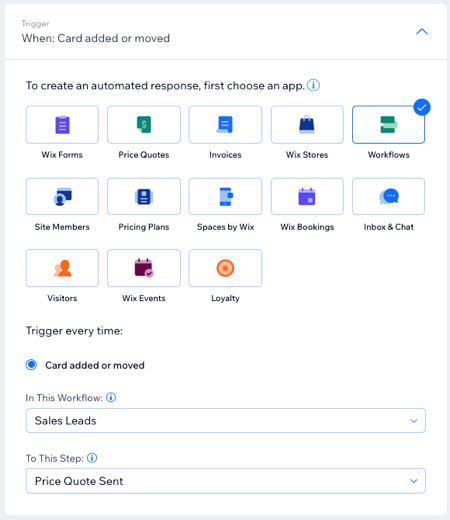 צילום מסך של מסך הגדרת האוטומציה עם הטריגר Workflows (תהליכי עבודה) מסומן.