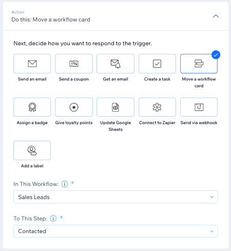 A screenshot of the automation setup screen with the Workflows action selected.