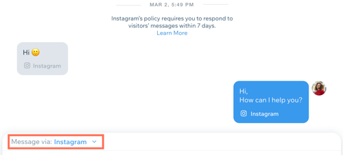 A screenshot of an Instagram message in Wix Inbox.