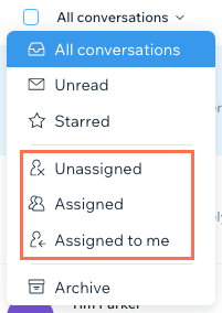 A screenshot of the conversation drop-down that allows you to filter on assigned conversations.