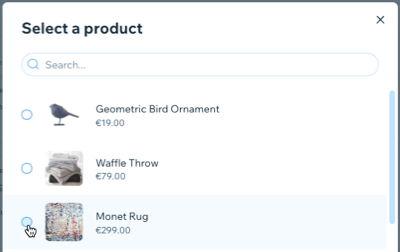 A screenshot of the screen that allows you to pick a product link to share in a Wix Inbox message.