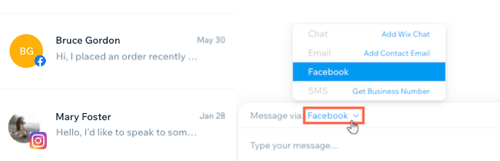 A screenshot of Facebook and Instagram messages in Wix Inbox.