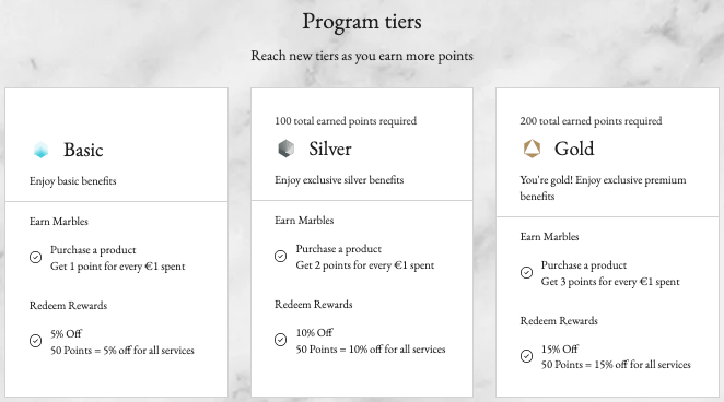 A screenshot of how tiers are displayed on a Loyalty Program page on a live site.