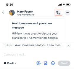 Uma captura de tela do ícone de chamada em uma conversa do inbox no app Wix Owner.