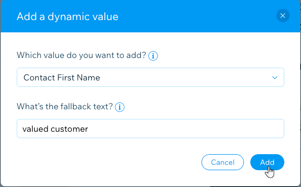 A screenshot showing adding a dynamic value and fallback text to the email content.